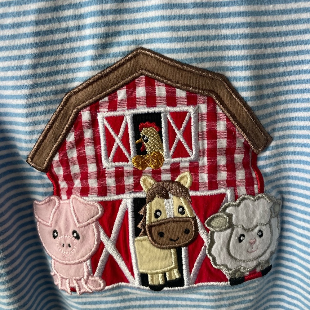 Stitchy Fish // Blue Striped Kids Romper with Barn Appliqué Size 9 Months - Picture 3 of 5